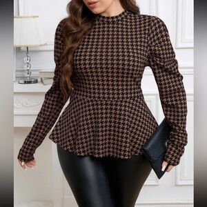 Plus Size Houndstooth Print Long Sleeve Peplum Shirt Top Blouse Black